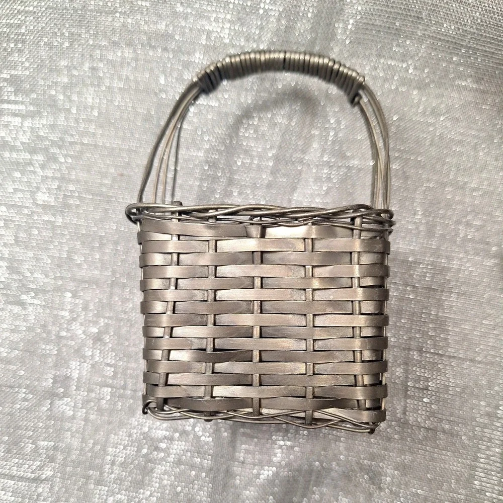 2 Mini Vintage Hammered Copper Basket & Metal Weave Handles Metalware Decor MCM